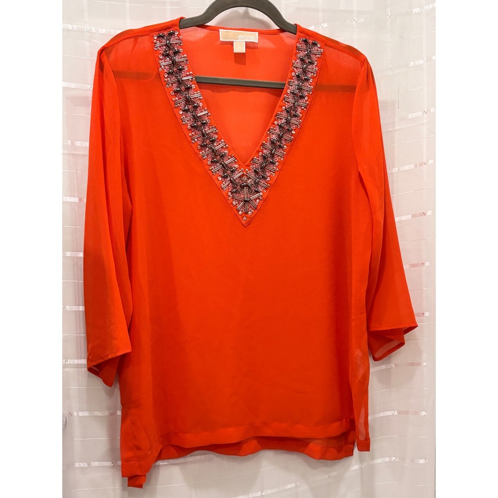 Michael Michael Kors Orange Beaded V-Neck Chiffon Blouse Womens Medium